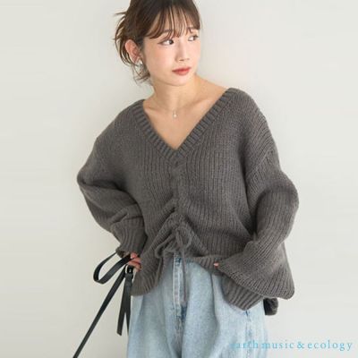 〚earth music〛抽繩設計寬V領落肩針織上衣
