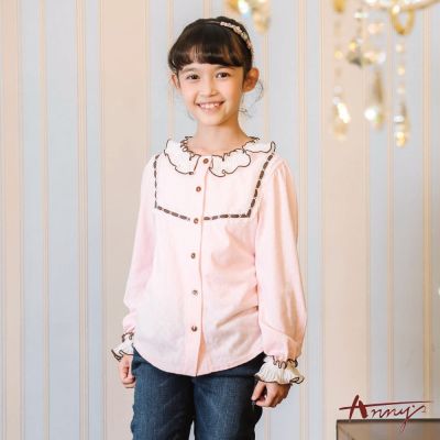 Annys安妮公主-童裝 編織蕾絲網紗造型秋冬款百褶荷葉拼接長袖襯衫*2269粉紅