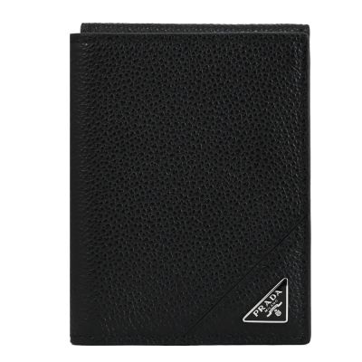 PRADA 金屬三角LOGO荔枝牛皮三折對開小短夾(黑)