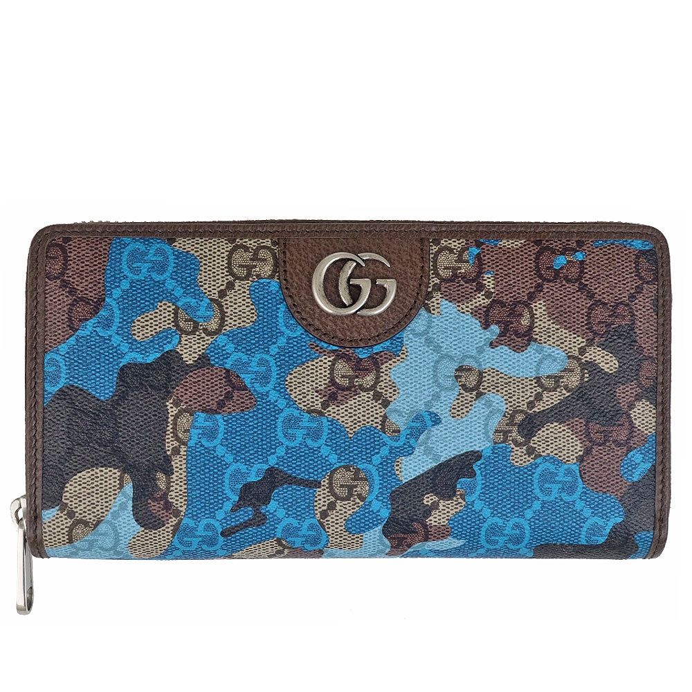 GUCCI 雙G防水布藍色迷彩拉鍊長夾