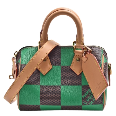 LV Louis Vuitton路易威登 N40534經典Speedy 18 Damier Pop帆布手提/斜背波士頓包(綠色)