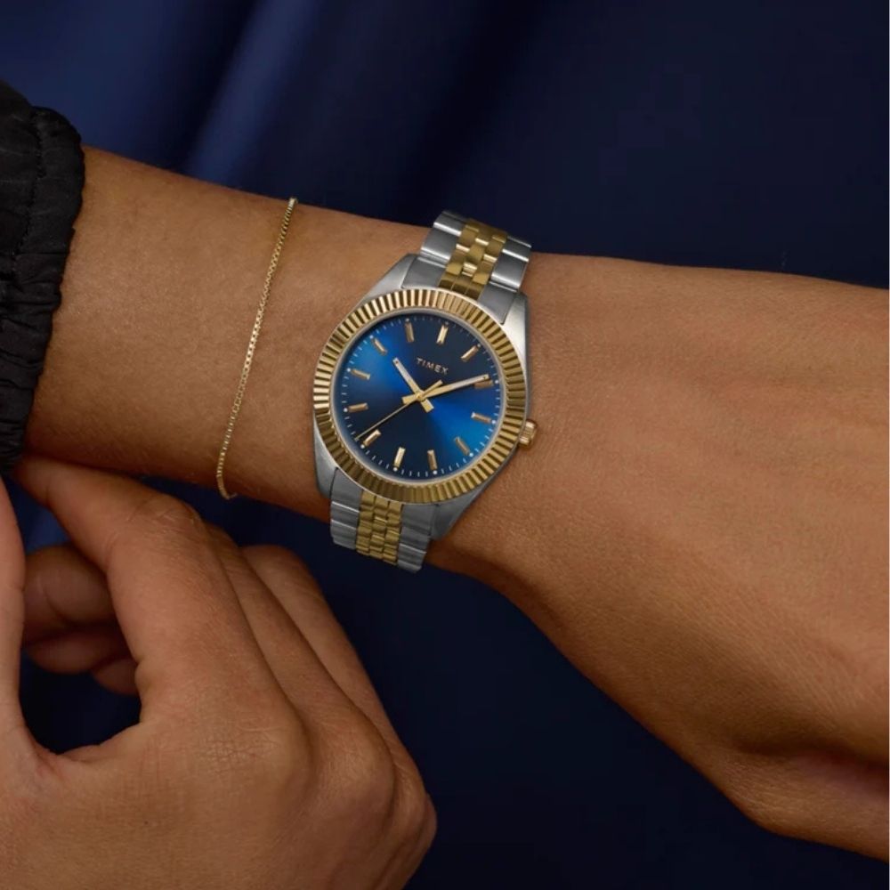 TIMEX 天美時 Legacy Celestial 36毫米 夜空魅力 不鏽鋼錶帶腕錶(藍x金銀 TXTW2Y20200)