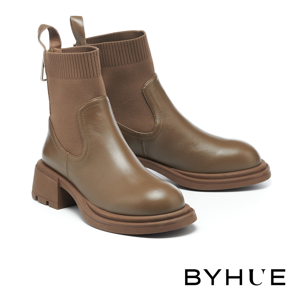 短靴 BYHUE 率性小牛皮彈力拼接純色軟芯切爾西厚底短靴－綠