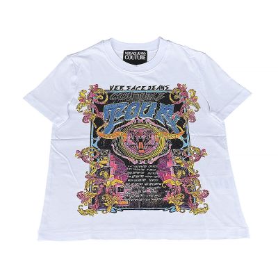VERSACE Jeans Couture 純綿內布標白字LOGO水鑽貼花圖案圓領短袖T恤(女款/白)