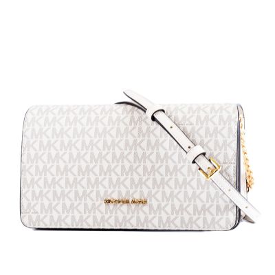 MICHAEL KORS Jet Set 緹花LOGO防刮翻蓋磁釦斜背包-香草白/中