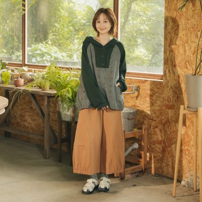 【MOSS CLUB】鬆緊腰抽繩繭型全棉寬褲 桔 灰
