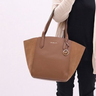 MICHAEL KORS PORTIA 絨面革拼接素色托特包(焦糖棕-全新福利品)