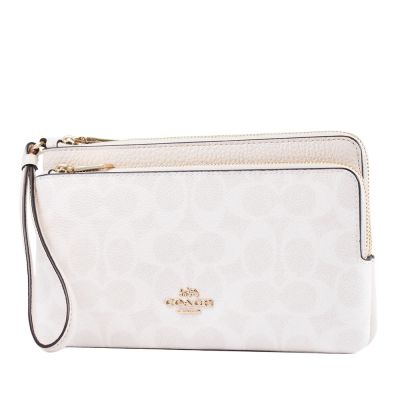 COACH 緹花LOGO防刮皮革大小雙層拉鍊大手拿包-白色