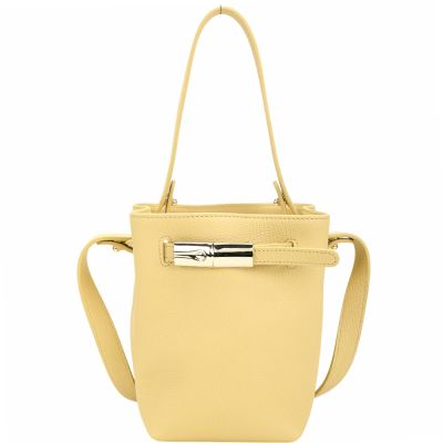 LONGCHAMP Le Smart 竹節扣帶荔紋小牛皮手提 肩斜背水桶包(XS/稻草黃)