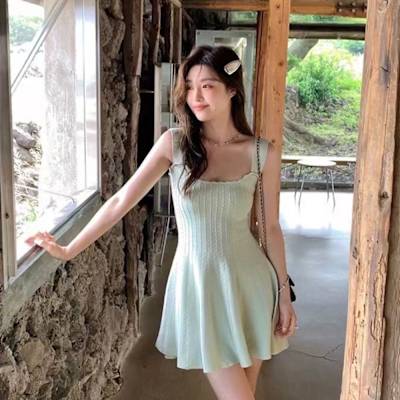 La Belleza心動千金重工冰絲收腰版型針織吊帶花邊麻花無袖傘擺背心裙