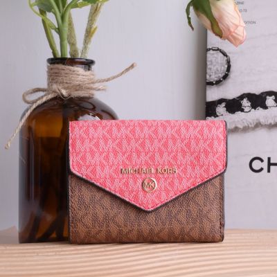 MICHAEL KORS Jet Set Charm 金屬MK LOGO經典印花釦式三折短夾(粉/咖)