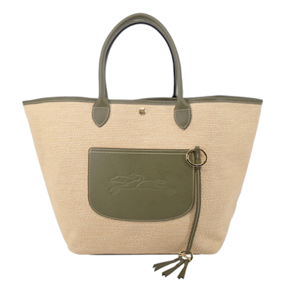 LONGCHAMP LE PANIER PLIAGE系列前口袋編織提籃包(大/朝鮮薊綠)