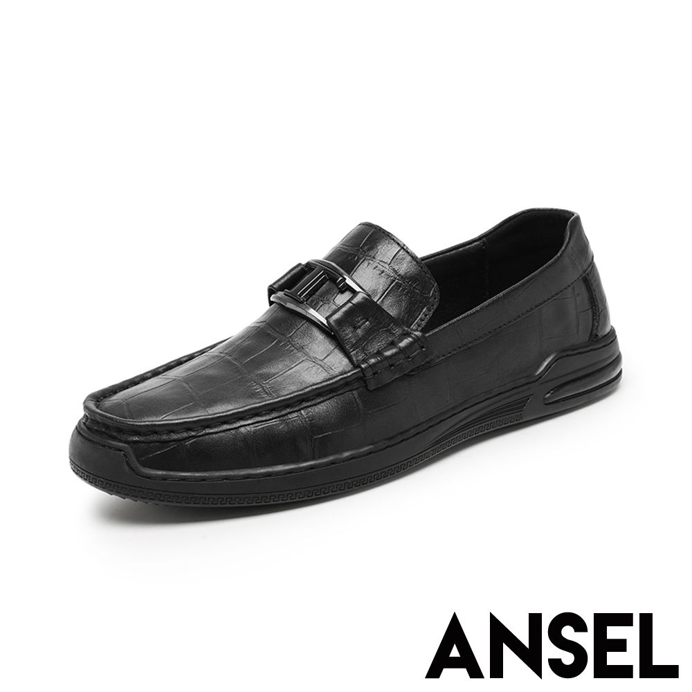 ANSEL 真皮休閒鞋 樂福鞋/真皮頭層牛皮復古皮紋金屬扣帶設計樂福鞋 皮鞋 黑