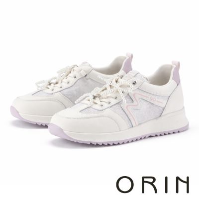 ORIN 牛皮網面免綁帶厚底休閒鞋 白+紫