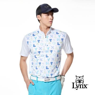 【Lynx Golf】男款吸濕排汗滿版彩色字母印花立領短袖POLO衫/高爾夫球衫-白色