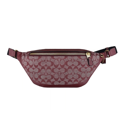 COACH WARREN33字母LOGO緹花帆布搭牛皮拉鍊胸腰包(大/酒紅)
