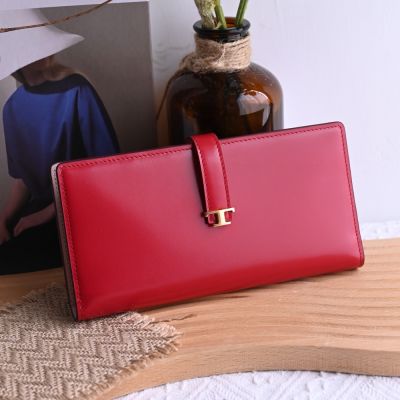 TOD’S T Timeless 金屬LOGO質感小牛皮釦式對開長夾(亮紅)