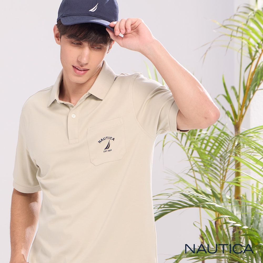 Nautica 官方旗艦 男裝 涼感冰皮純棉口袋短袖POLO衫-卡其色