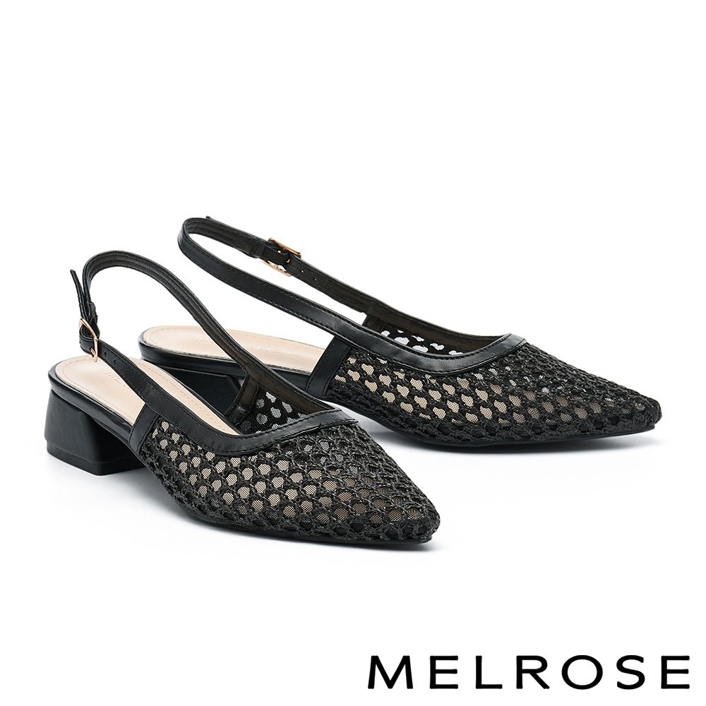 低跟鞋 MELROSE 美樂斯 慵懶度假感編織造型後繫帶尖頭低跟鞋－黑