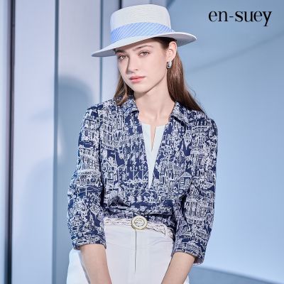 【en-suey 銀穗】EU假兩件純棉印圖半開襟上衣