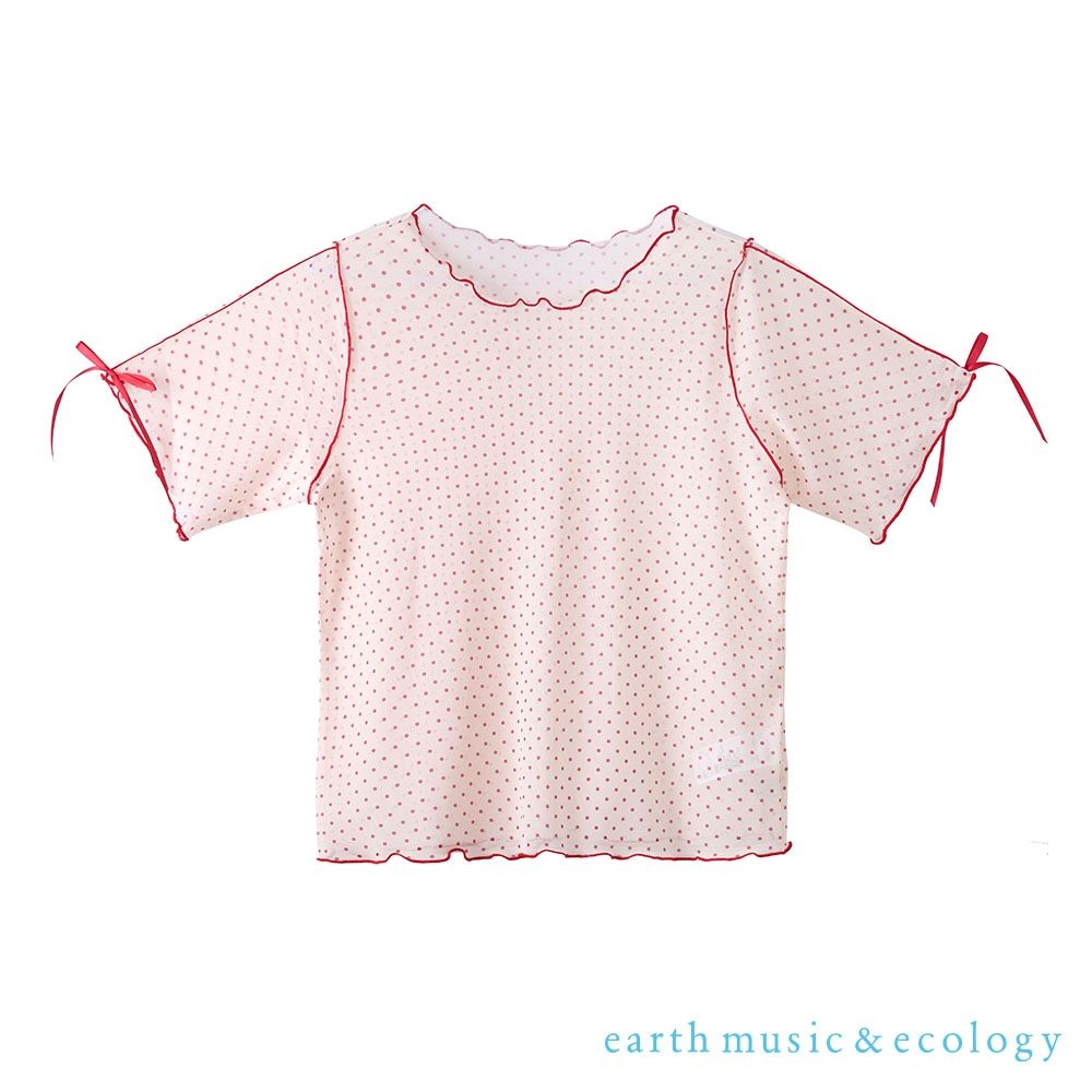 〔earth music〕木耳邊袖口蝴蝶結微透膚印花上衣