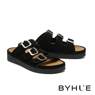 拖鞋 BYHUE 日常百搭方釦多寬帶牛麂皮軟芯厚底拖鞋－黑