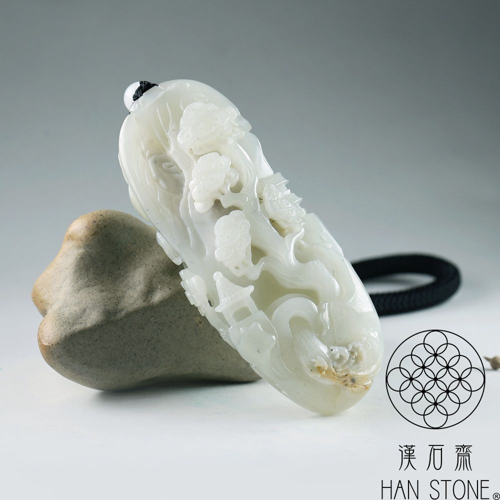 漢石齋】天然和田玉山水立體圓雕手把件白玉(38*91*24mm) | 漢石齋