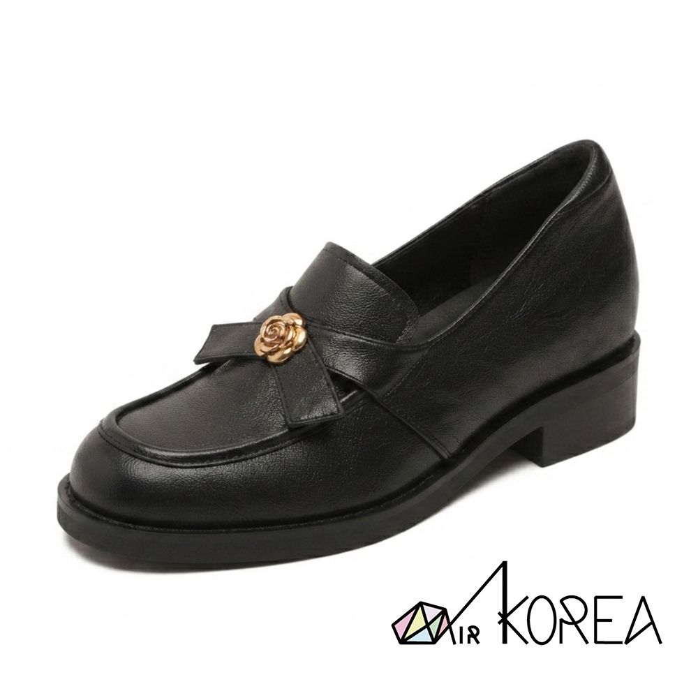 AIRKOREA 復古山茶花樂福鞋-增高8cm-黑