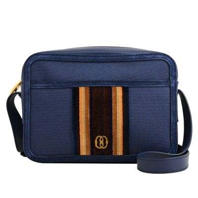 BALLY DAY OUT 復古絨面條紋圖樣帆布牛皮斜背相機包/拉鍊方包(深藍)