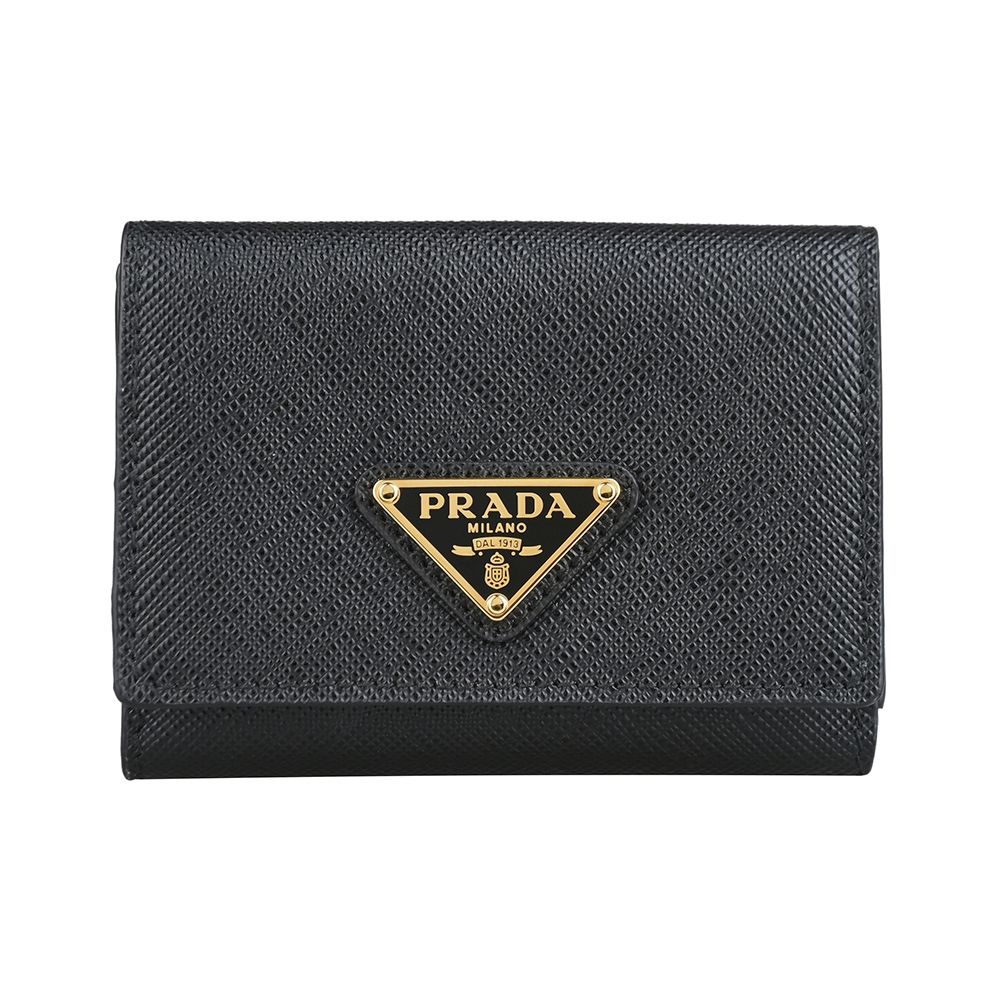 PRADA Saffiano 三角牌LOGO十字紋牛皮3卡釦式折疊小短夾(迷你/黑)