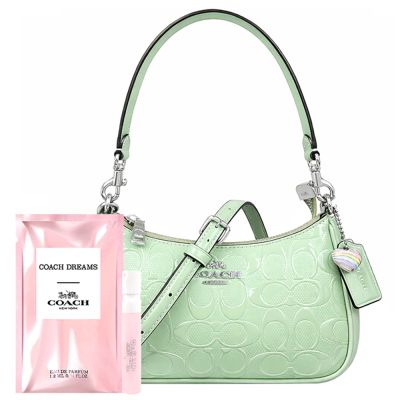 COACH 嫩芽綠色皮革大C立體浮雕小型肩背/斜背兩用包+品牌隨身小香