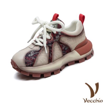 VECCHIO 真皮休閒鞋 老爹鞋 厚底鞋/真皮頭層牛皮織花布面拼接小圓頭厚底老爹鞋 紅
