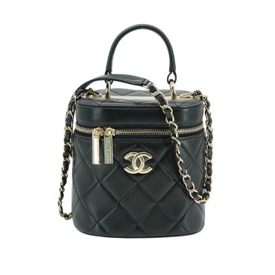 二手品 Chanel 香奈兒 Trendy CC 菱格羊皮圓筒金鍊手提斜背二用化妝箱(AS1626-黑)