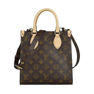 LOUIS VUITTON路易威登 LV M45847 SAC PLAT BB花紋LOGO Monogram帆布滾邊牛皮手提斜背包(咖啡x紅)