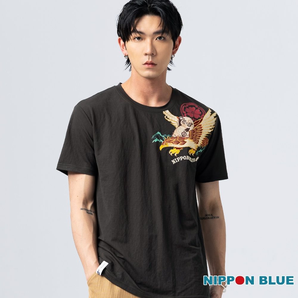 日本藍 BLUE WAY – 和藝術遨遊鷹與貍短TEE(暗綠)