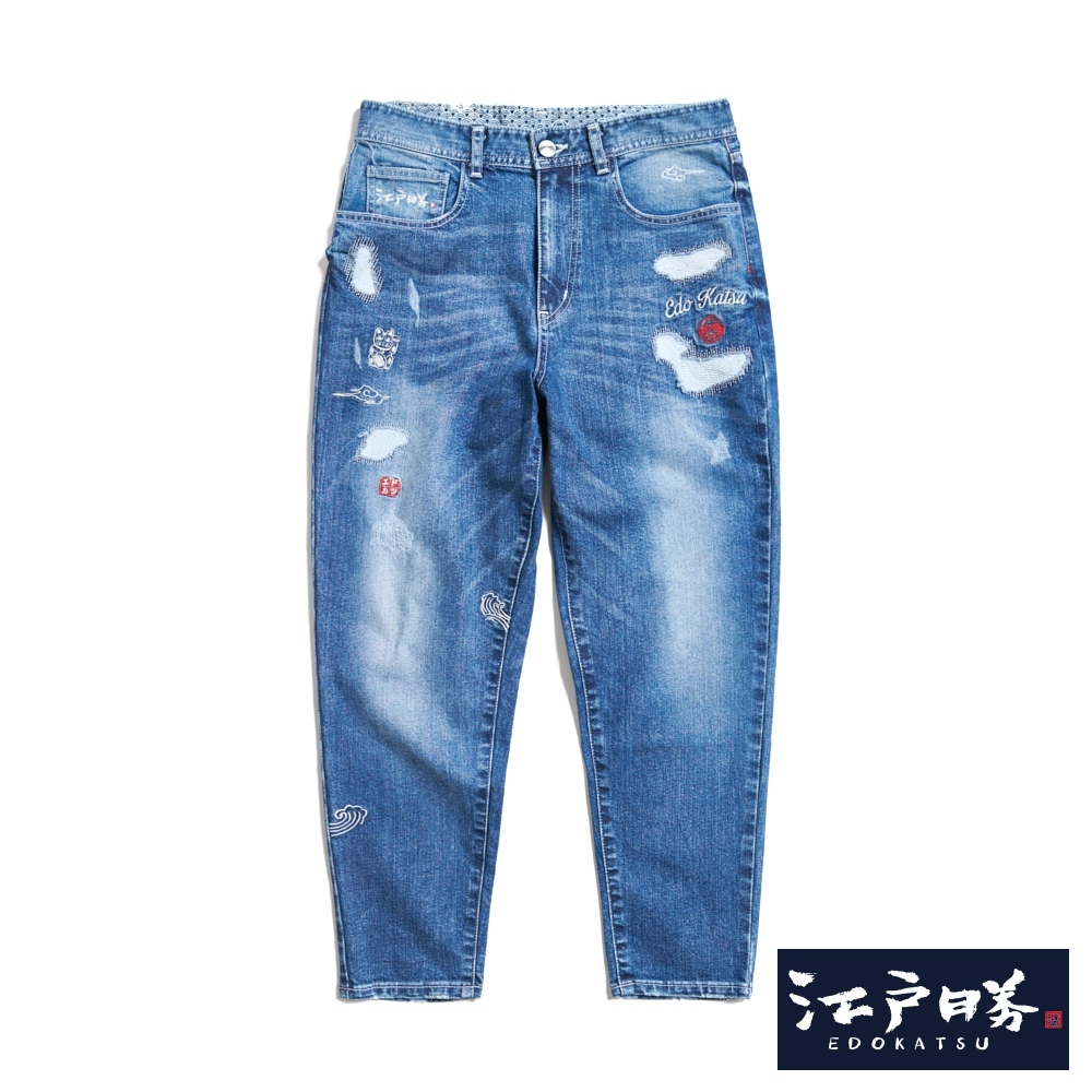 江戶勝 男裝 刺繡雲朵中腰丹寧錐形褲-中古藍