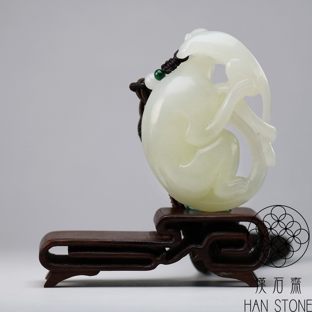 漢石齋】天然和田玉立體雕靈猴玉佩手把件白玉(49*64*23mm) | 漢石齋