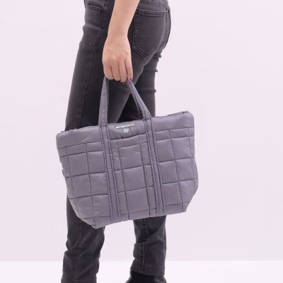 MICHAEL KORS STIRKING 金屬LOGO格紋空氣尼龍手提小托特包(灰)