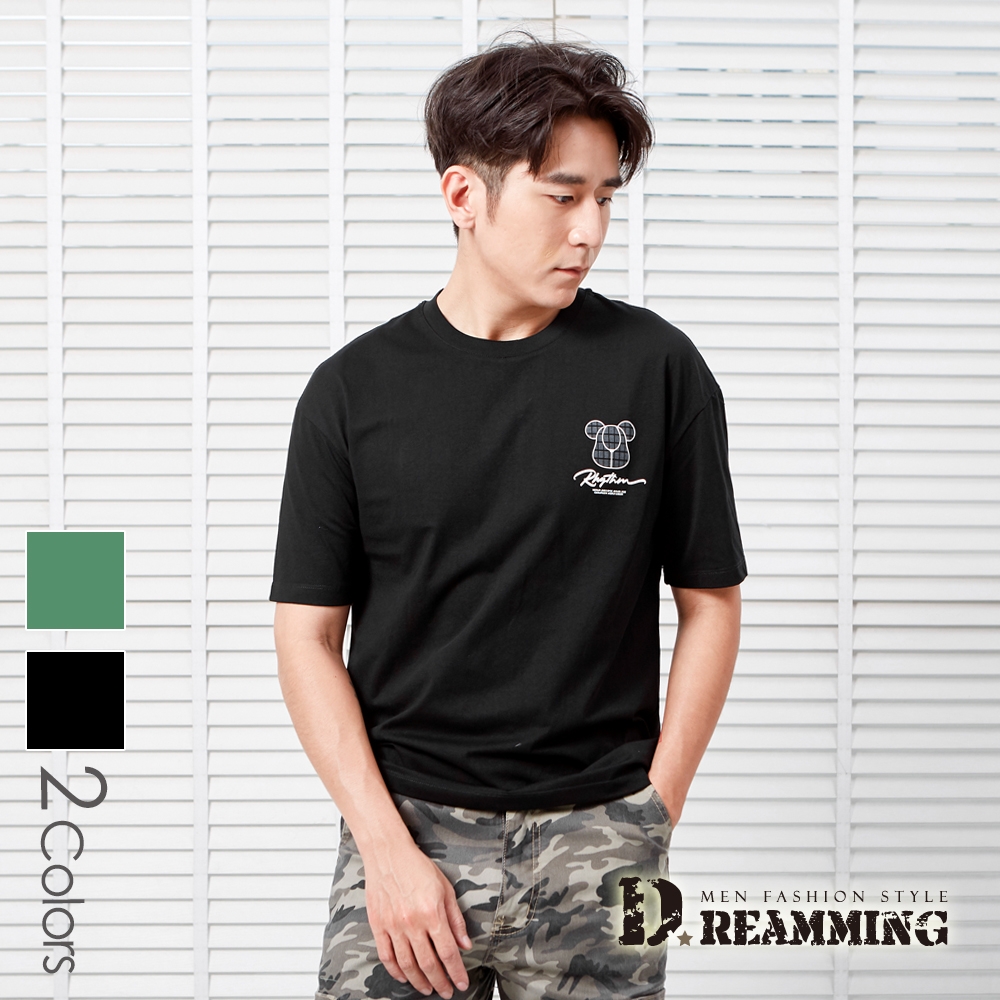 Dreamming 小熊字母印花彈力棉質休閒圓領短T 親膚 透氣-共二色 (黑色)