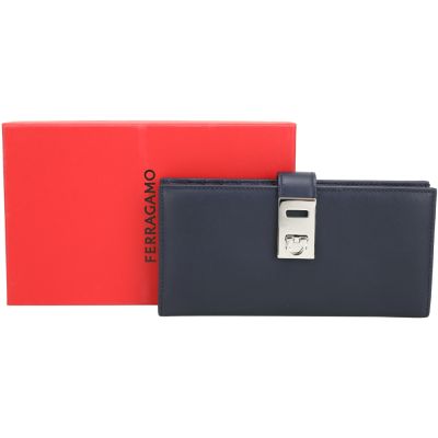 Salvatore Ferragamo Hug 馬蹄皮扣帶光滑小牛皮長夾(深藍)