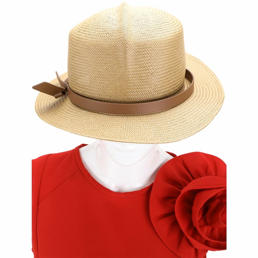 Max Mara-WEEKEND FANALE 可折疊款 皮革飾帶巴拿馬草編帽 遮陽帽(卡其)