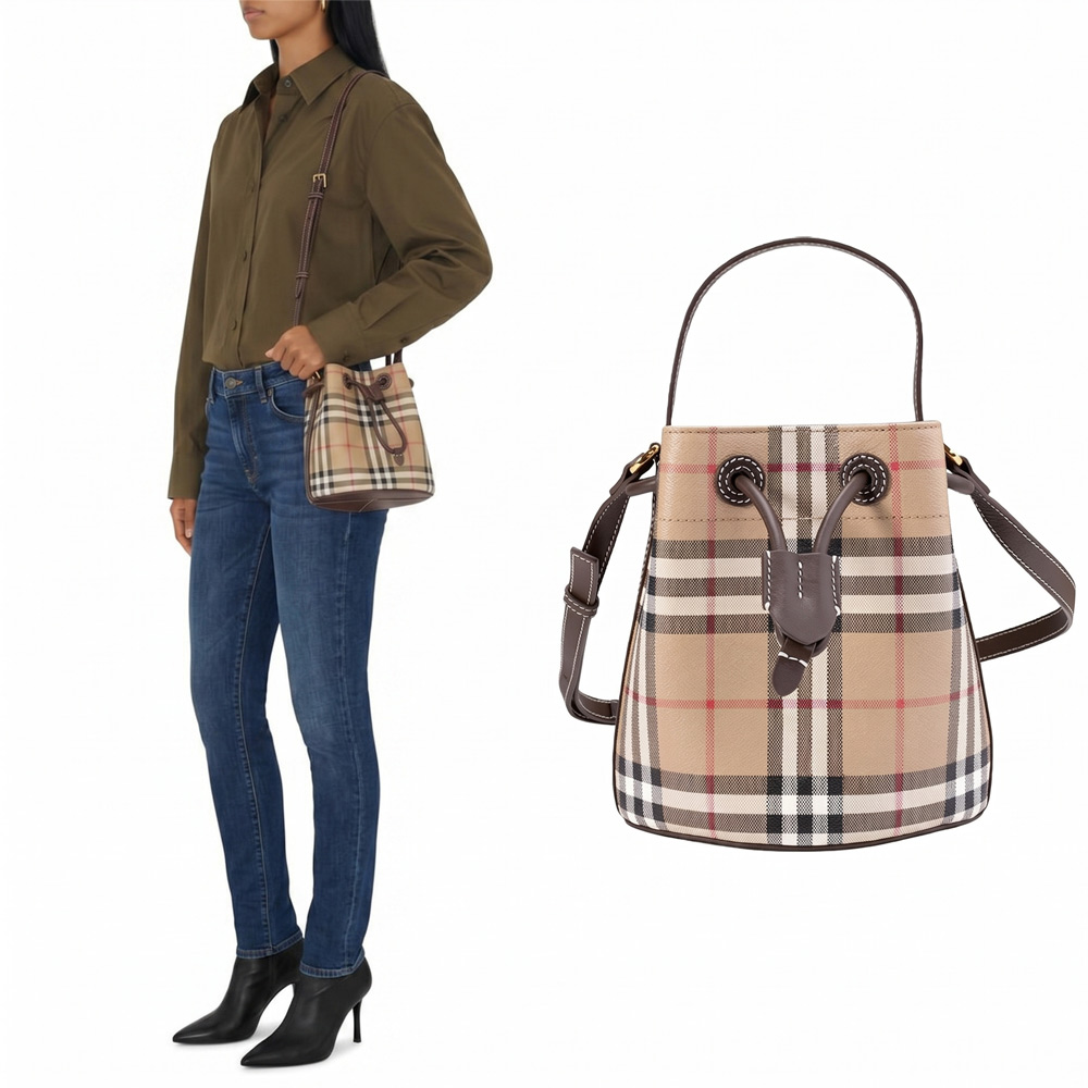 BURBERRY 格紋帆布束口手提斜背兩用包(米色/烏木色)