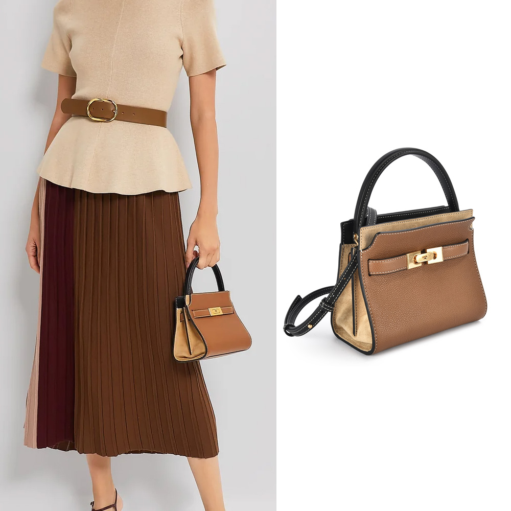 TORY BURCH LEE RADZIWILL 雙層皮革拼接麂皮手提/側肩背迷你兩用包-咖啡色