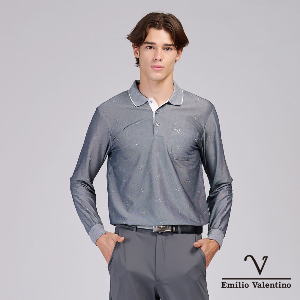 Emilio Valentino 范倫鐵諾 男 長袖POLO衫 精梳棉 舒適透氣 口袋 上衣 薄長袖 新品 台灣製造_深灰(21-6V0855)
