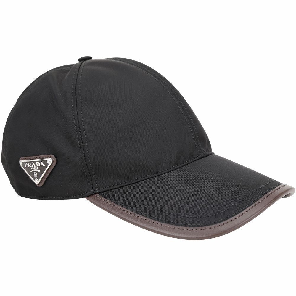PRADA 普拉達 Speedrock Re-Nylon 三角牌皮革飾邊再生尼龍棒球帽-2色可選 (黑色)