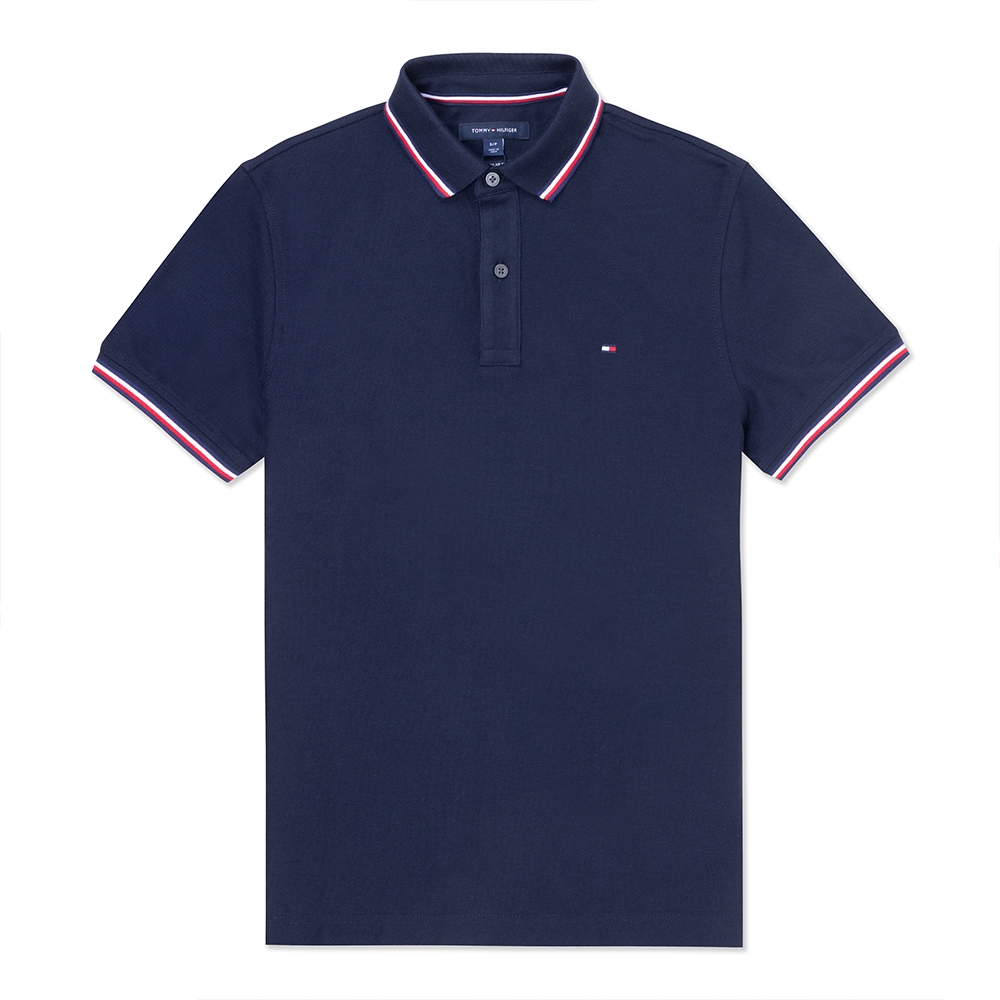 TOMMY 熱銷滾邊刺繡Logo短袖Polo衫-深藍色