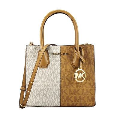Michael Kors MERCER雙拼滿版LOGO寬底高雅PVC手提/肩背/斜背包(咖啡白)