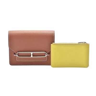 HERMES 經典Roulis Slim 系列 Evercolor牛皮豬鼻銀釦皮夾(焦糖色/萊姆黃)