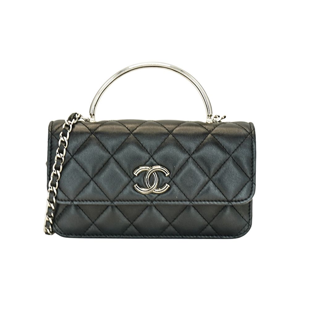二手品 Chanel 香奈兒 琺瑯釦雙C羊皮手把斜背包(AP3707-黑)