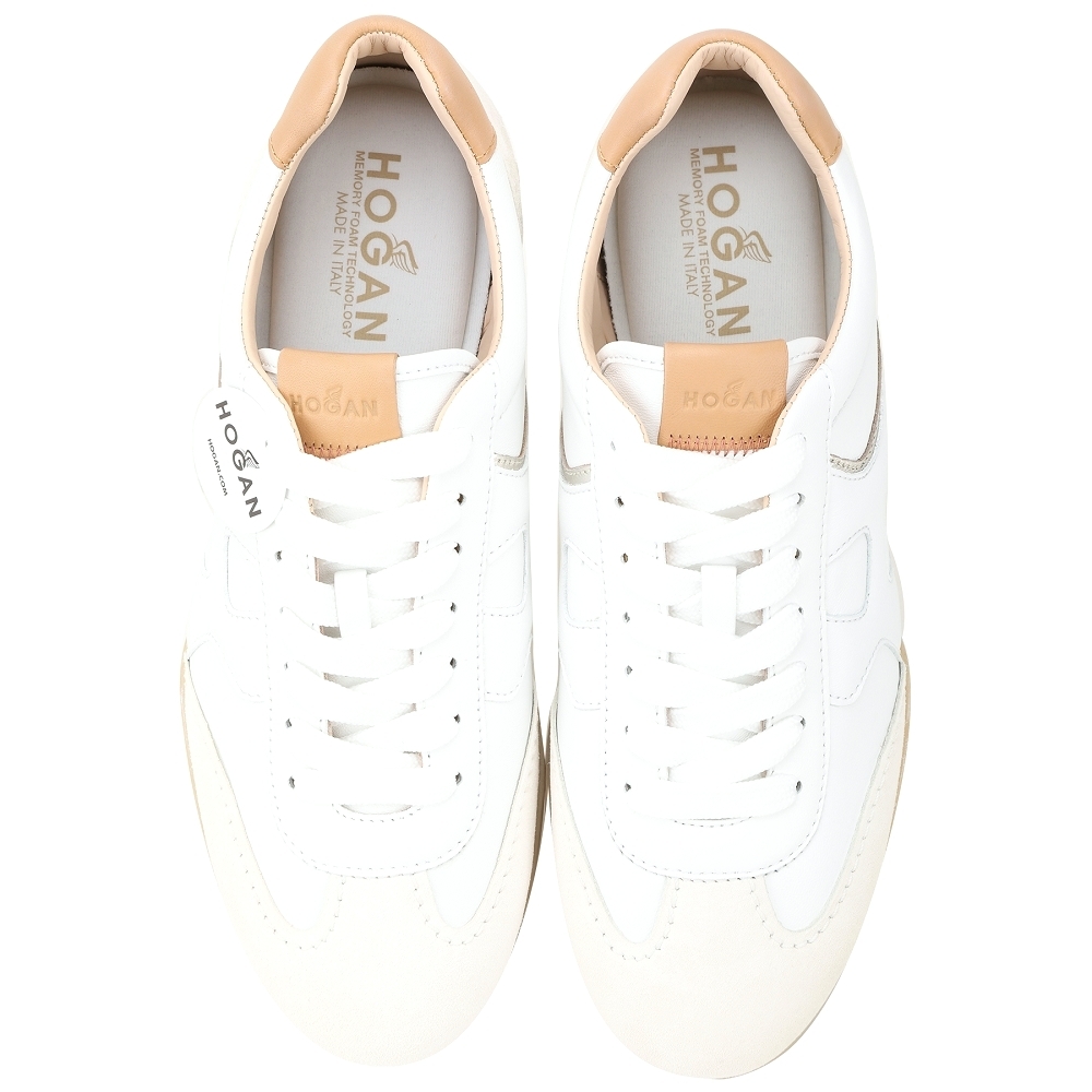 HOGAN Olympia-Z H波浪標誌拼麂皮繫帶運動鞋(白x棕色) | 精品